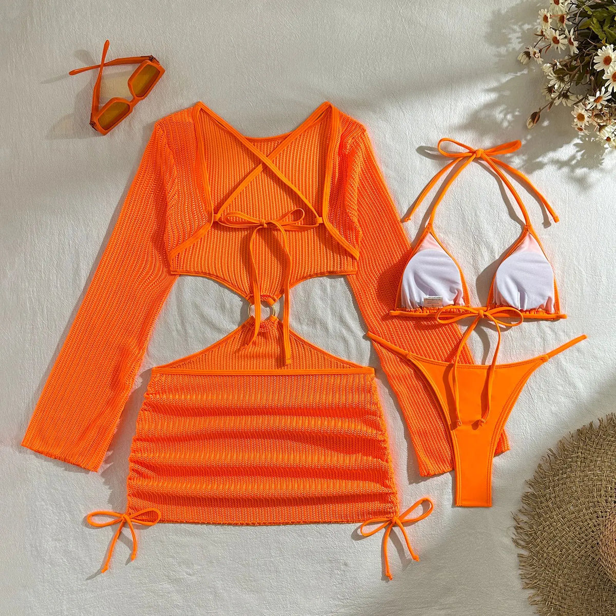 Women micro mini halter bikinis sets 3pcs with knitted long sleeve hollow out mini dress swimsuit bathing suit beach outfits