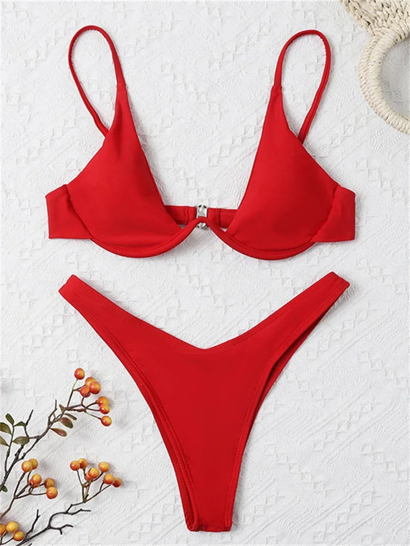 Sexy Underwire Bikini 2026 Mujer Women Solid Red Push Up Bra Thong Swimsuit Haler V Neck Bathing Suit Mini Micro Thong Swimwear
