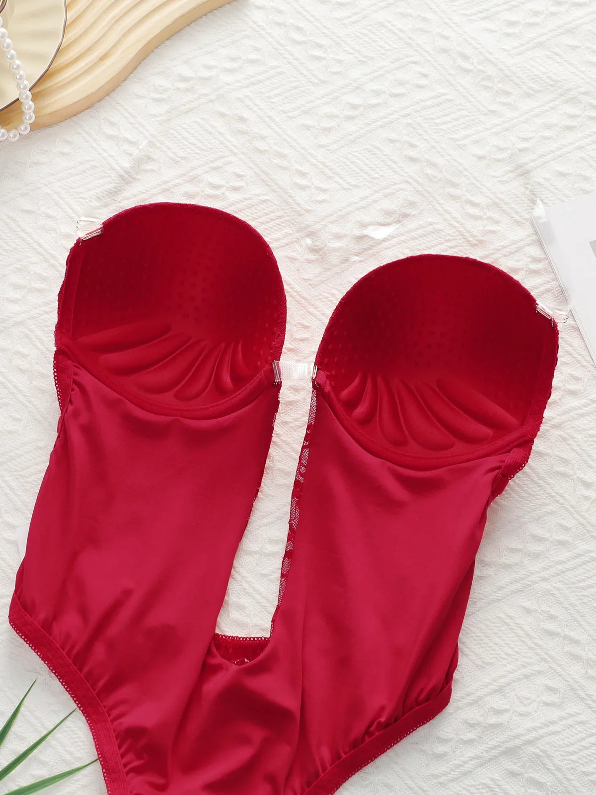 Red Lace Underwire Bodysuit Deep V Plunge Teddy Lingerie Removable Clear Strap Snap Crotch One Piece Shapewear A8188