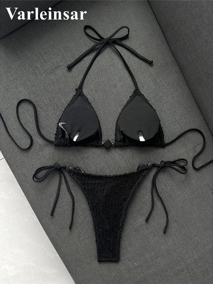 Halter Fishnet Bikini Women Swimwear Female Swimsuit Two-Pieces Bikini Set High Cut Leg Padded Bather Bathing Suit Swim V8339