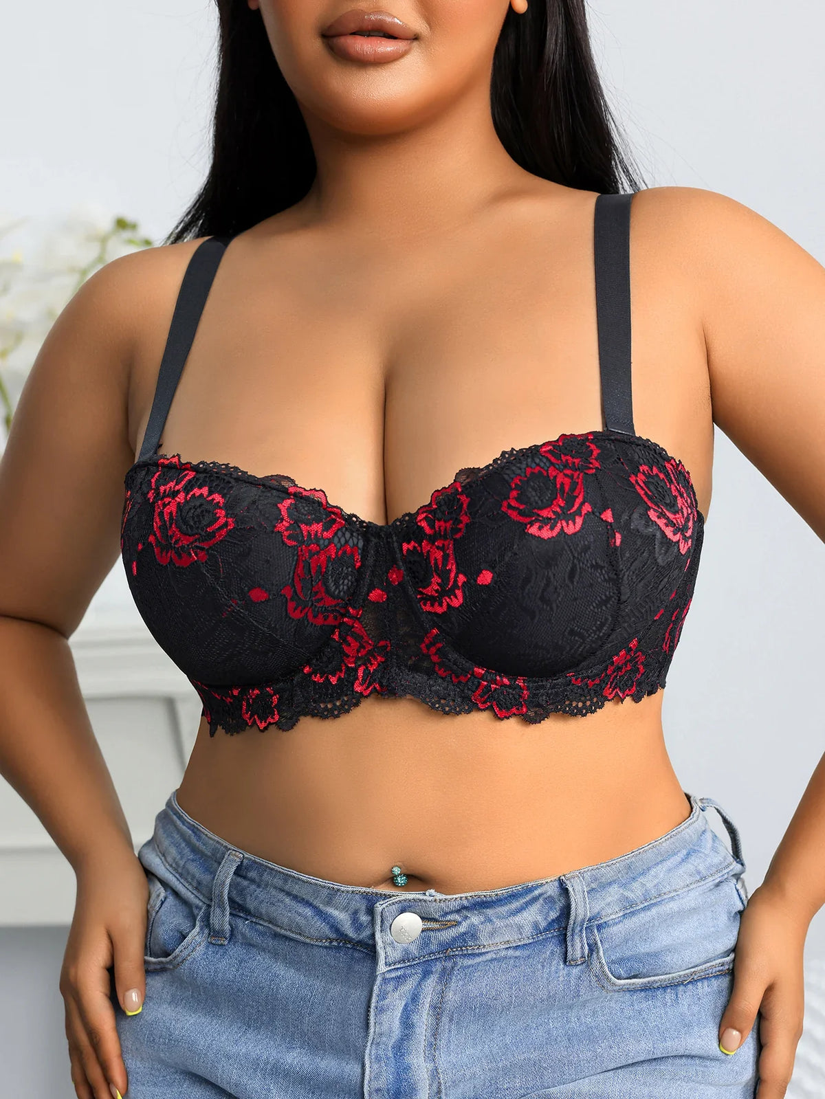Daily Wide Strap Plus Size Women Bra Lace &amp; Embroidery Push up Bra Comfort Thin Cup Underwire Support Lingerie Bra