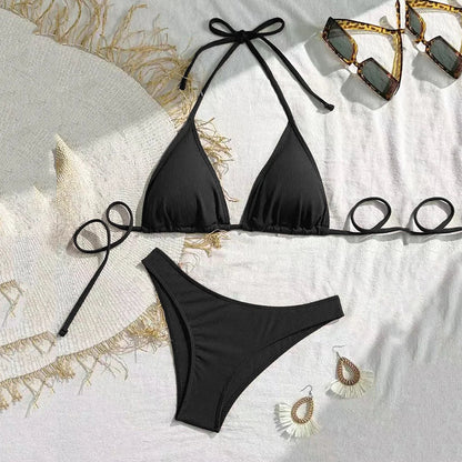 Brown String Halter Triangle Bikini Ribbed Solid Swimwears Sexy Swimsuit Women 2026 Padded Bikinis Sets Bathing Swimming Suit