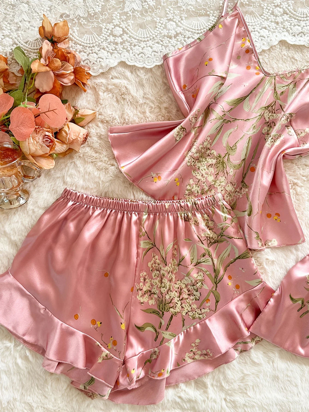 New Women Satin Pajama Set Cherry Print V Neck Top Ruffle Shorts Versatile Outfit Wearable Outside Elegant Sleepwear