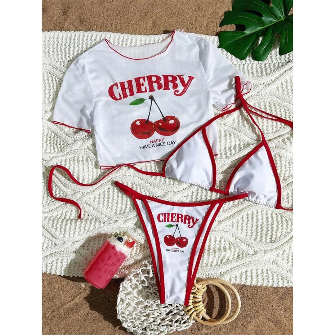 XS -XL Cherry Printed Short Sleeve Bikini Female Swimsuit Women Swimwear Three-pieces Bikini set Bather Bathing Suit Swim V6854