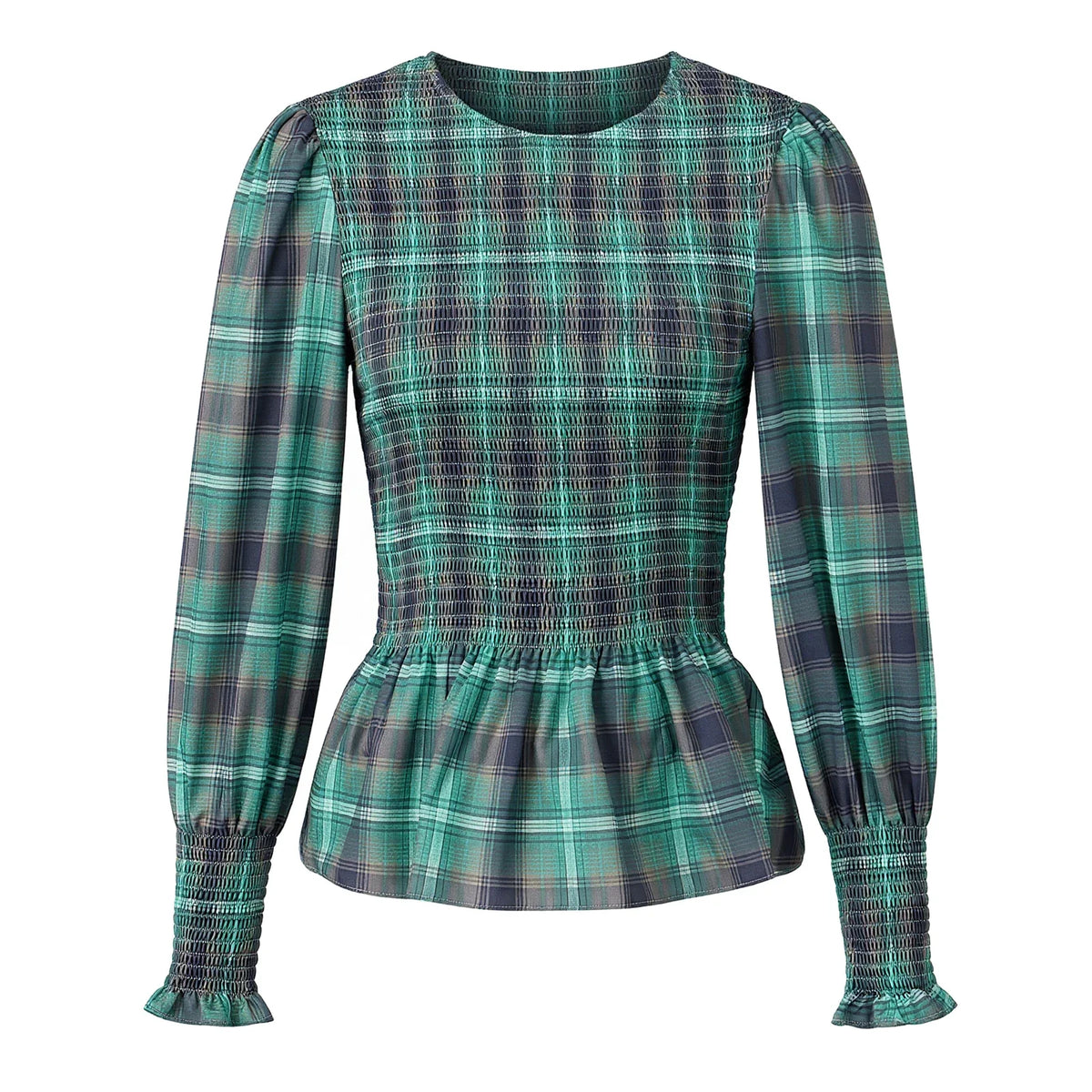 Women T-shirt Elegant Long Sleeve Crew Neck Pleated Ladies Vintage Plaid Print Tops Spring Fall Streetwear