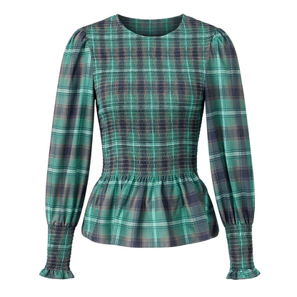 Women T-shirt Elegant Long Sleeve Crew Neck Pleated Ladies Vintage Plaid Print Tops Spring Fall Streetwear