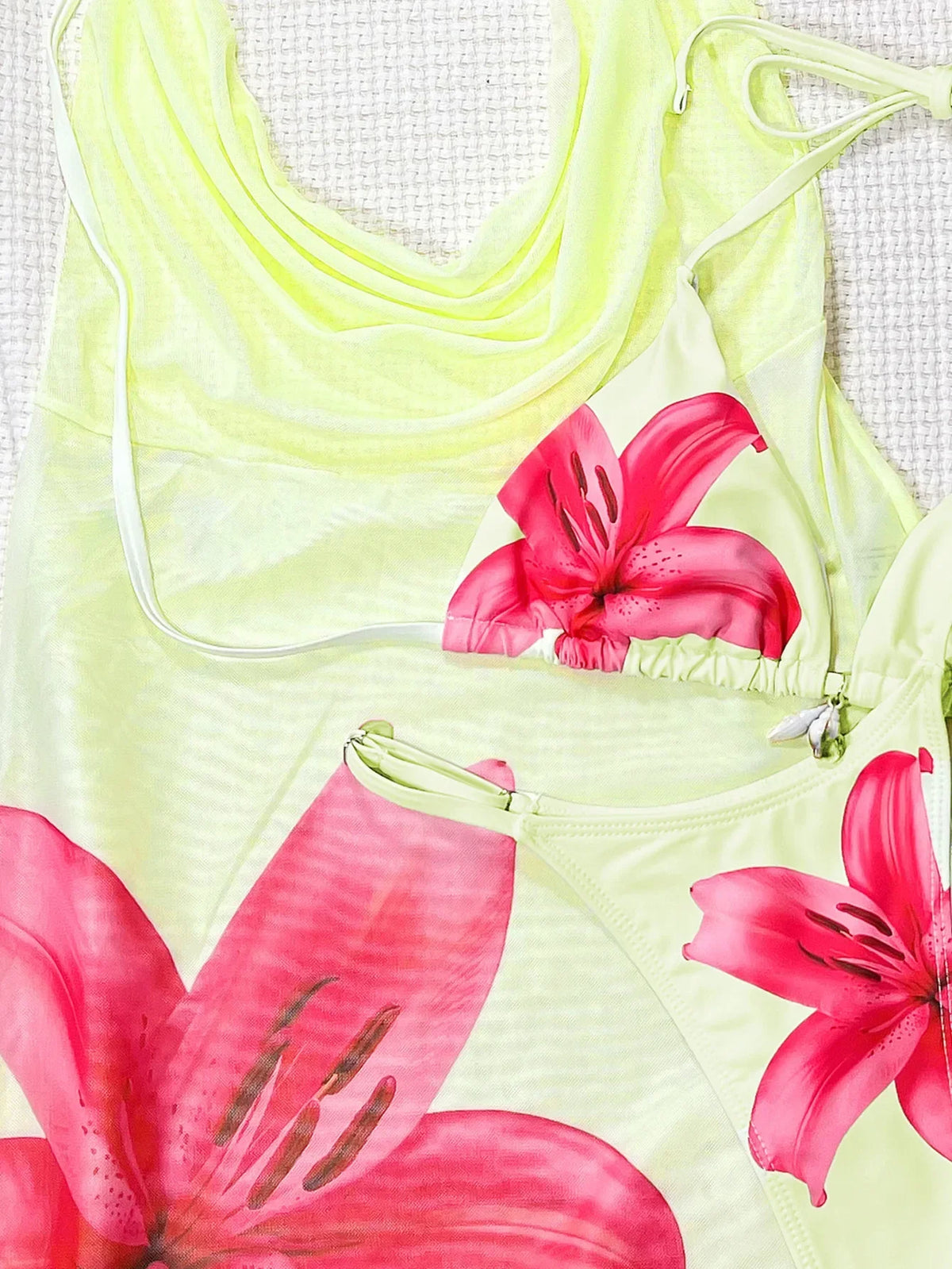 Sexy Yellow Floral Print Mesh Dress 3 Piece Swimsuit 2026 Women Shell Push Up Bra Thong Bikini Holiday Bathing Suit Swimwear