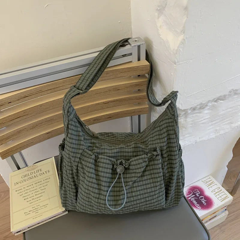 Brand Korean Nylon Crossbody Bag With Plaid Pattern - Phone Pocket