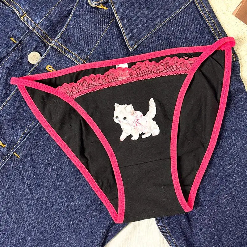 Cotton Girls Panties Cute Cat Sexy Japanese Lace Women Briefs Lady Thong  Underwear G String Female Low Waist Lingerie