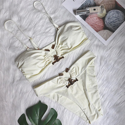 DEKA Bandeau U-Neck Metal Bikini Set Push Up Padded Cup Swimwear Women Solid Swimsuit Beachwear Water Swiminmg Bathing Suit