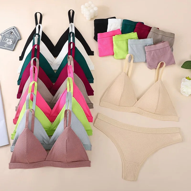 Women Bra and Panties Set Push Up Bralette Non-wire 1/3 Cup Bras Low Rise Thongs Sexy Lingerie Set Women Cotton Underwear