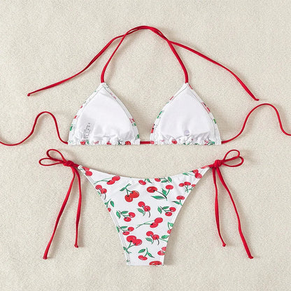 Sexy women cute cherry print halter string micro bikini sets two pieces swimsuit Swimwear bathing suit beach outfits biquini