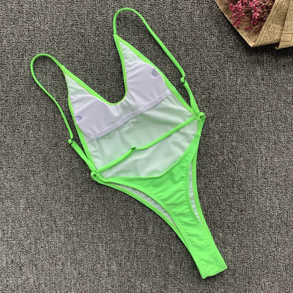 2026 Fluorescent Green One Piece Swimsuit for Women,solid Color,thong Backless Bikini,U-neck Suspender Swimwear,Adjustable Strap