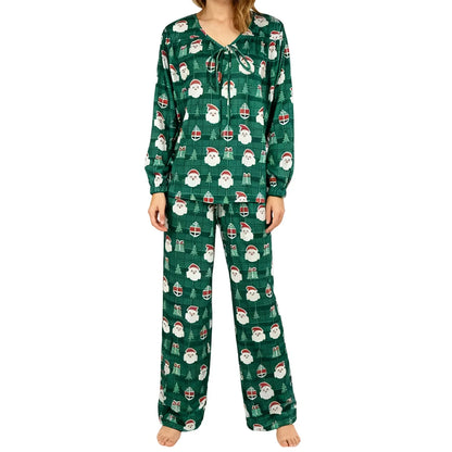 Women Christmas Pajamas Long Sleeve Tie-up V Neck Tops and Pants Loose Fall Winter Two Piece Loungewear