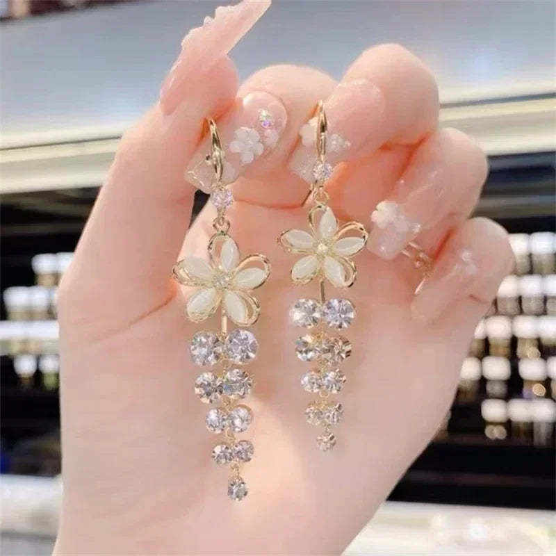 Green Shiny Zircon Flower Drop Earrings For Women Luxury Crystal Long Tassel Ear Line Hanging Earring Girls Wedding Jewelry Gift