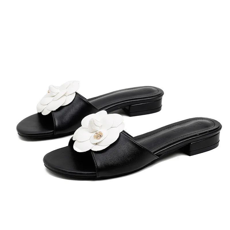 High End Luxury Flower Slippers Women Camellia Shoes Open Toe Slides Femme Outside&amp;Home Pantuflas Sandals Ladies Flip Flops