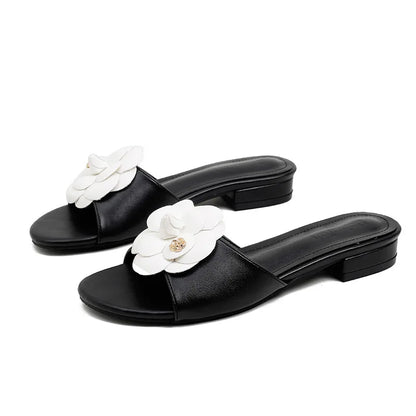 High End Luxury Flower Slippers Women Camellia Shoes Open Toe Slides Femme Outside&amp;Home Pantuflas Sandals Ladies Flip Flops