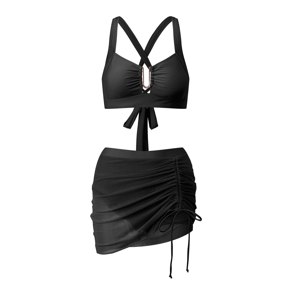 Women Summer Solid Color Bikini Sets Sleeveless Bra with High Waist Drawstring Skort Bathing Suit 2-piece Swimsuit