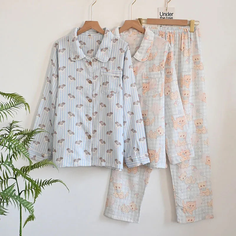 Cartoon Print Pajamas 2 Piece Long Sleeve Trousers Suit Women Soft Cotton Home Wear Summer New Sleepwear Pijamas Loungewear