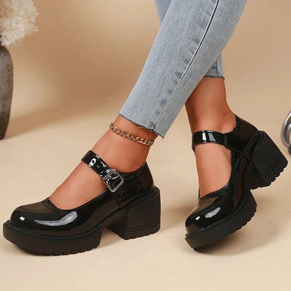 Elegant Adjustable Ankle Buckle Mary Jane Shoes Women Pu Leather Thick Heel Pumps Woman Round Toe Platform Casual Shoes Ladies