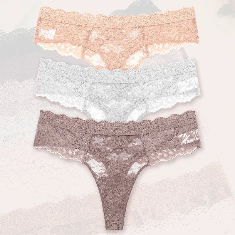 3-Piece Lace Thong Panties for Women – Seamless, Low-Rise Lingerie