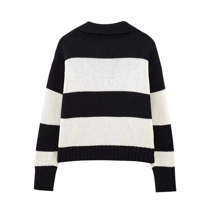 Women Fashion Black Striped Knit Sweater Spring Vintage Polo Neck Long Sleeve Female Pullovers Chic Tops