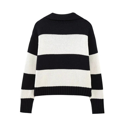 Women Fashion Black Striped Knit Sweater Spring Vintage Polo Neck Long Sleeve Female Pullovers Chic Tops