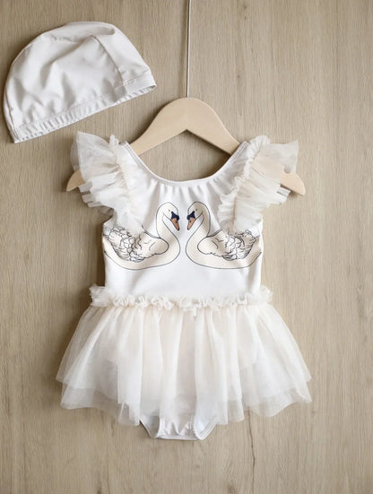 Princess Mesh Swimsuit Baby Girl Swan Cherry Sling Cute Swimming Suit Quick Drying Sun Protection Swim Wear with Cap H8126