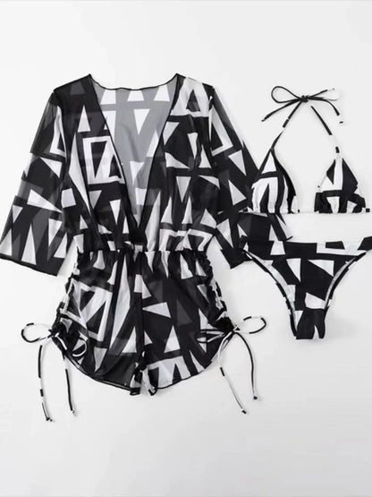 3 Pieces Bikini Tropical Print Swimsuit Halter Drawstring Side Swimwear Women 2026 Bathing Suit Female Swimming Summer Beachwear