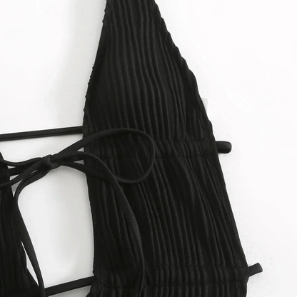 2026 New Deep V One Piece Black Swimsuit Halter Solid Color Women&