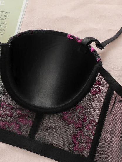 Chinese style new Chinese lace underwear floral bra half cup gathering pull up women&