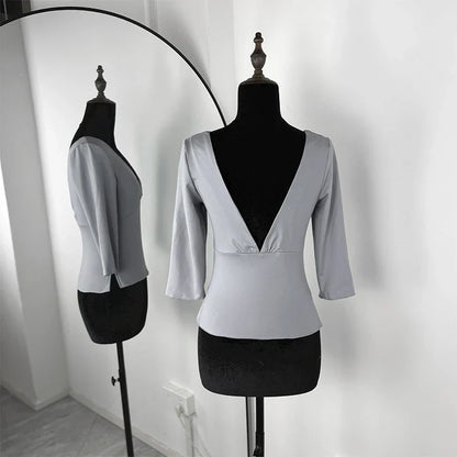 Trendix V Neck Slim Long Sleeve Tops Women 2026 Spring Casual Vintage Bodycon Pullover Top Party Retro Office Basic Backless Top