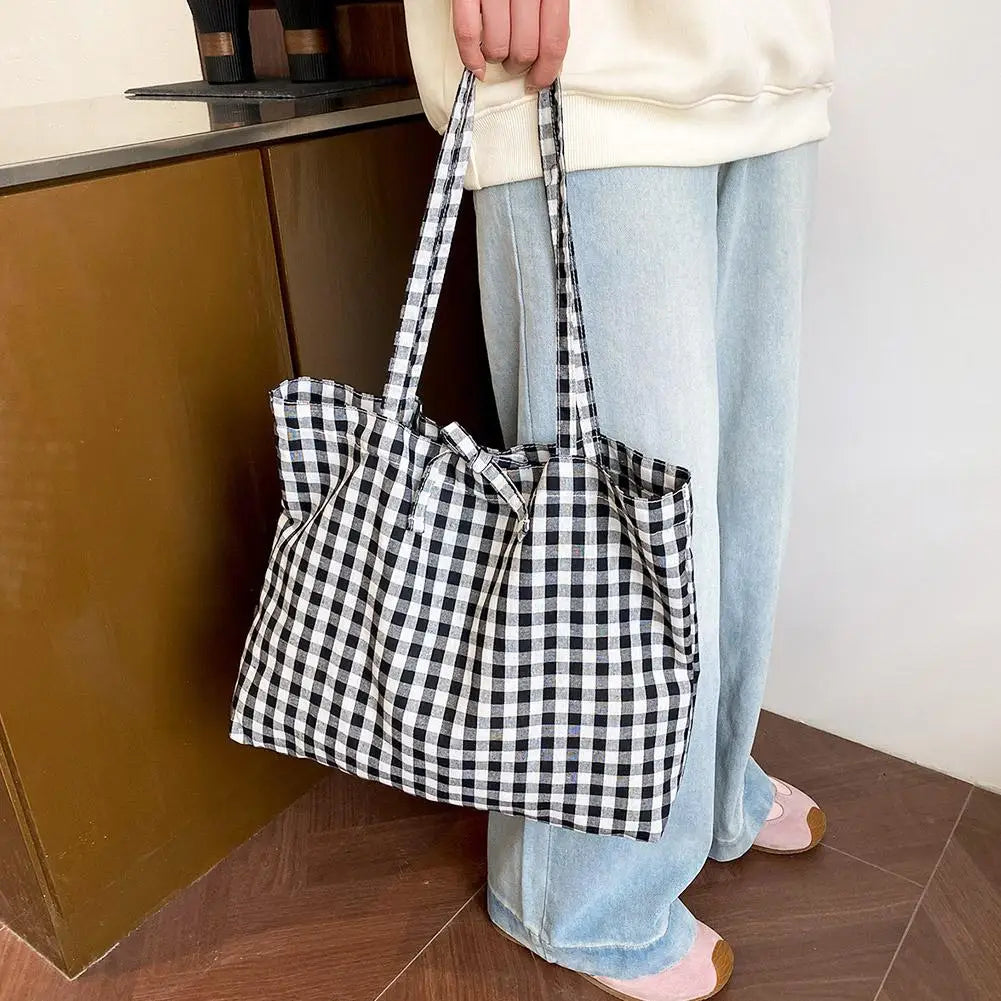 Casual Plaid Tote Bag With Large Capacity Lightweight Shoulder Handbag For Women Daily Use