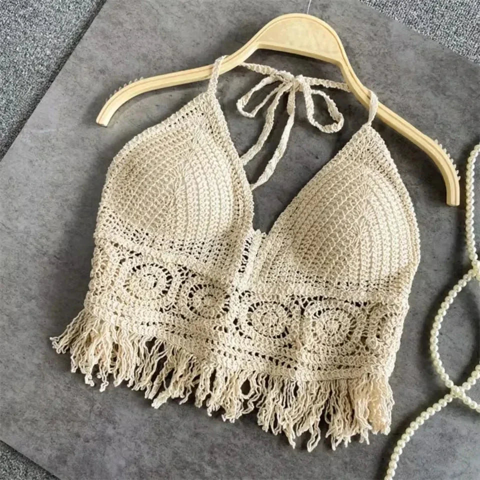 Boho Crochet Halter Top for Women Summer Beach Knit Crop Top with Tassels Backless Sleeveless Bralette