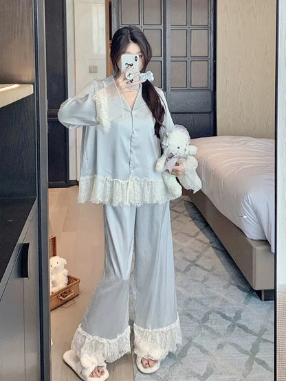 Spring and Autumn Satin New Style Temperament Ice Lace Lace Lace Silk Light Luxury Sleepwear Women&