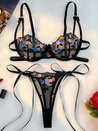 Rose Embroidery Lingerie Set Sexy Women&