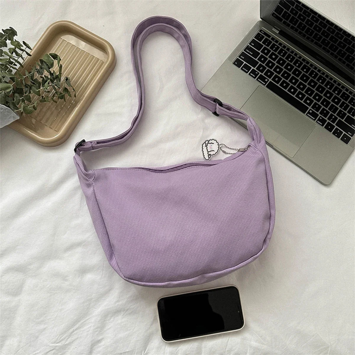 Minimalist Crossbody Bag With Puppy Pendant - Scratch-Resistant Nylon