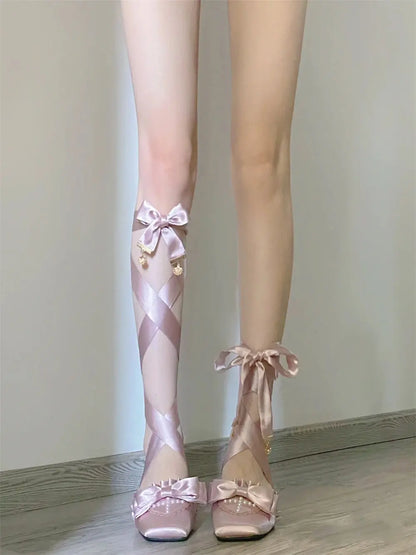 Brand New Vintage y2k Square Toe Mules Pumps Gothic Ruffles Lolita Bow-knot Block Heels Ribbon Tie Ballet Shoes Women