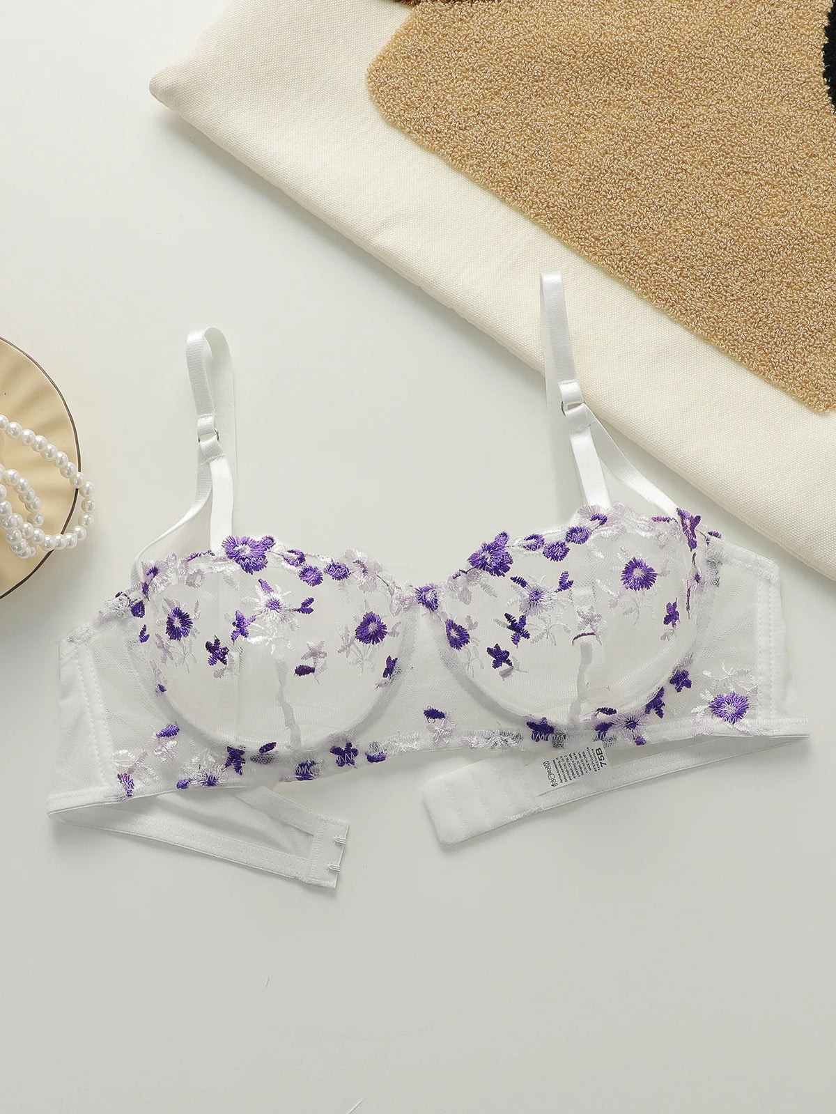 Beautiful flower embroidered bra, transparent sexy underwear with adjustable shoulder straps MR2956