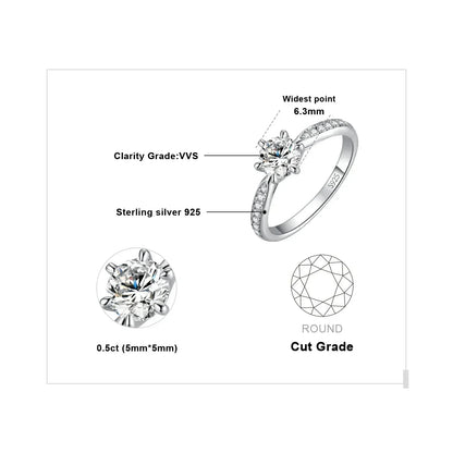 JewelryPalace Moissanite D Color 0.5ct 1ct 1.5ct 2ct 3ct Round S925 Sterling Silver Wedding Engagement Ring for Women