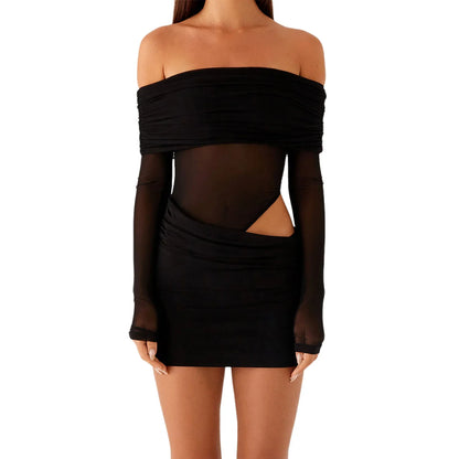 Women Mini Off Shoulder Slim Ruched Solid Color Party Club Dresses Cut Out Long Sleeve Backless Short Mesh Bodycon Dress