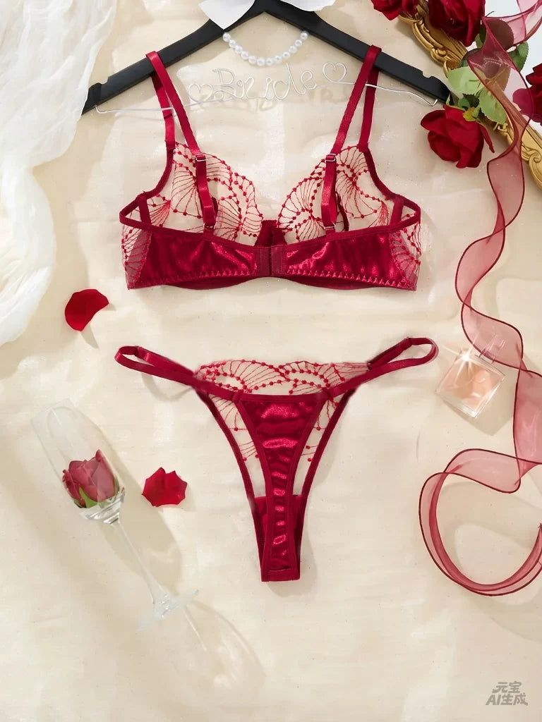 WineRed color embroidered lace lingerie set-Sexy see-through chiffon half-cup shaping bra thong two-piece set ZA825287