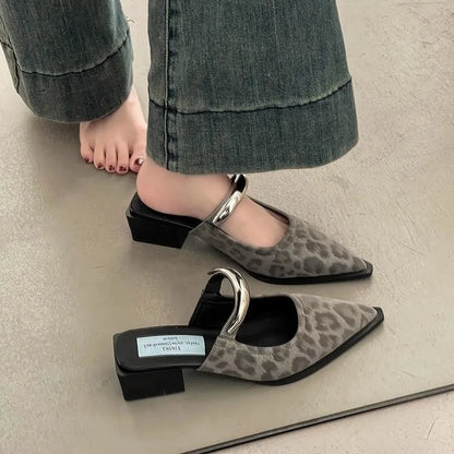 2026 New Summer Women Cover Toe Mules Slippers Fashion Metal Decoration Thick Heel Slide Shoes Comfort Street Style Footwear