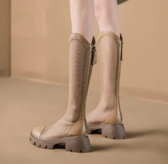 Women Summer Knee-high Mesh High Boots Female Breathable Platform Mesh Lace-up Knight Boots Thick Heel Hollow Long Knight 2025