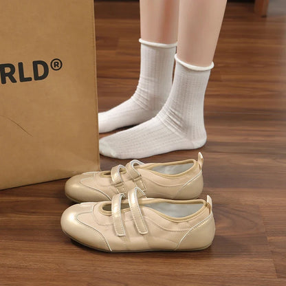 Women Double Hook‑Loop Strap Mary Jane Flats Round Toe Patchwork Soft Sole Retro Ballet Casual Daily Walking Shoes