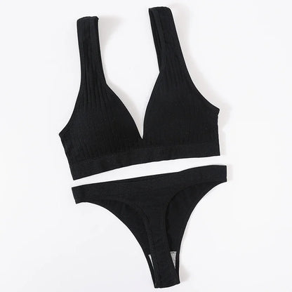 Women Seamless Bra And Panties Set Push Up Bras High Leg Cut Thongs Sport Wireless Brassiere Sexy Lingerie Ribbed Underwear