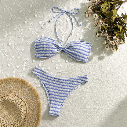 Striped Print String Halter Bandeau Bikinis Sets 2026 Sexy Swimsuit Women Ruched Swimwear Bathing Suit Brazilian Bikini Mujer