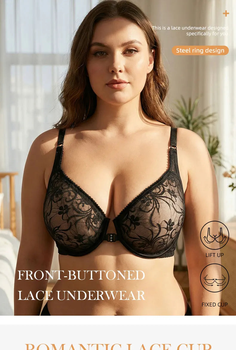 3-Piece Plus Size Lingerie With Lace Front Buttons For Women Brassiere  Adjustable Underwear Comfort And Breathability Bra