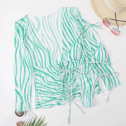 DEKA Sold Triangle Bikini Set Blouse Swimsuit Women Printed Halter Swimwear Cover Up Beach Wear 3 Pieces Sheer Bathing Suit