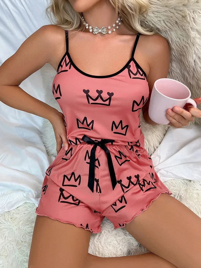 Summer Y2K Cute Cartoon Crown Print Sleepwear Women 2Pcs Crop Top and Shorts Pajamas Set Loungewear Sexy Pyjamas